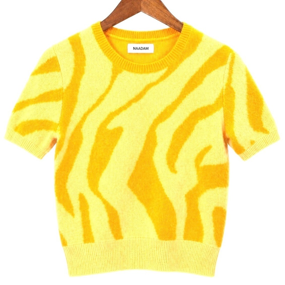 NAADAM 100% Cashmere Sweater Womens S Yellow Orange Zebra Print Short Sleeve NEW